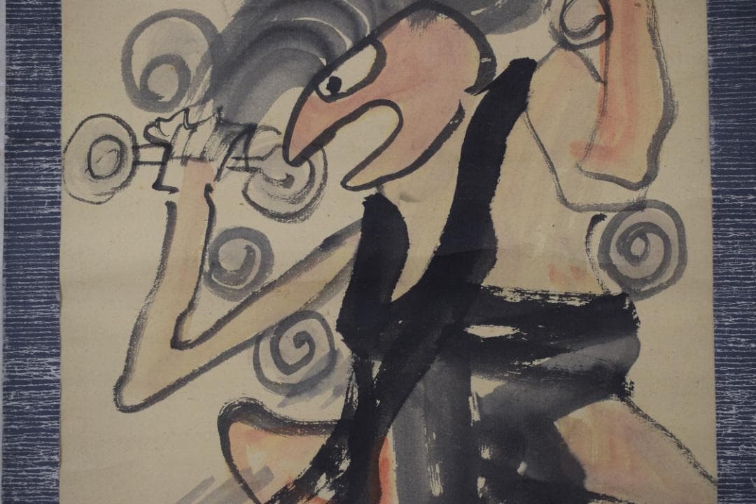 【真作】鹿子木孟郎/風神画賛/風神之図/掛軸☆宝船☆Y-758　JM