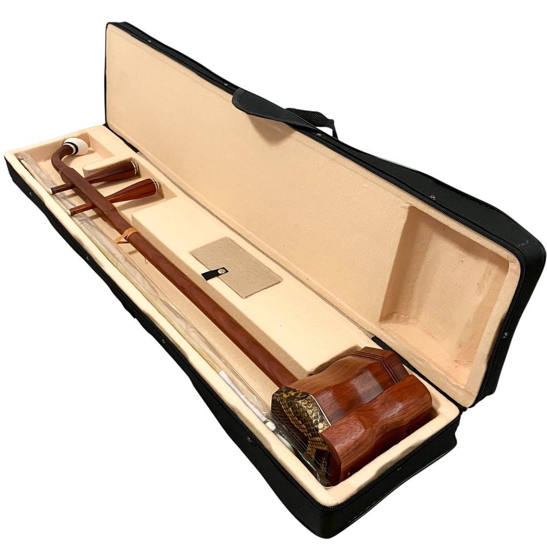 【未使用】蘇州二胡 紅木 胡弓 ヘビ皮 弦楽器 セミハードケース付き 二胡