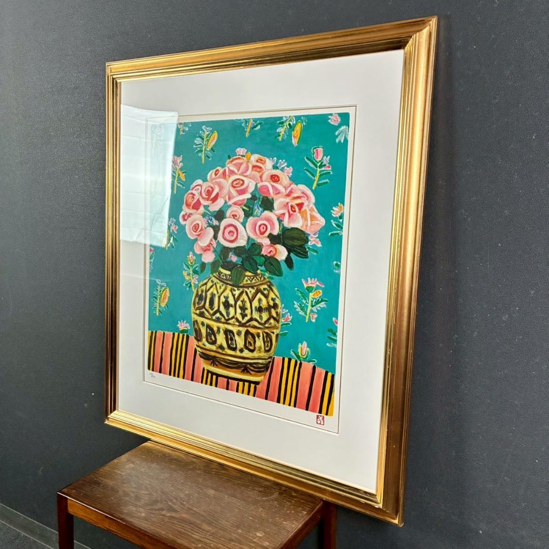 美品 児島善三郎「ペルシャ壺にバラ」リトグラフ 印章有 兒嶋俊郎監修証明シール有