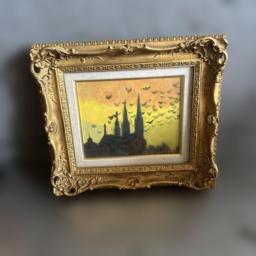 素晴らしい額の印象派風 油彩画 教会のシルエット