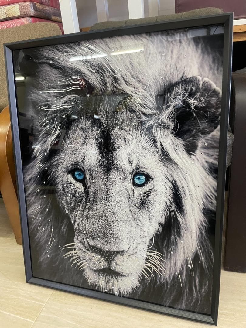ガラスアートパネル　ライオン　キラキラ　絵画　額縁　アートフレーム　スタッズ