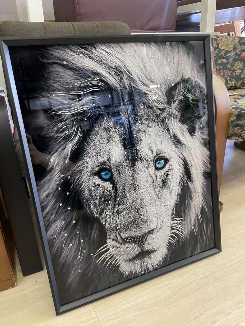 ガラスアートパネル　ライオン　キラキラ　絵画　額縁　アートフレーム　スタッズ