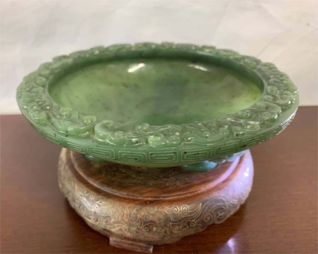 【希少品】中国古美術/文房具/碧玉水盤/水盂/共箱　共布 147B-2-1