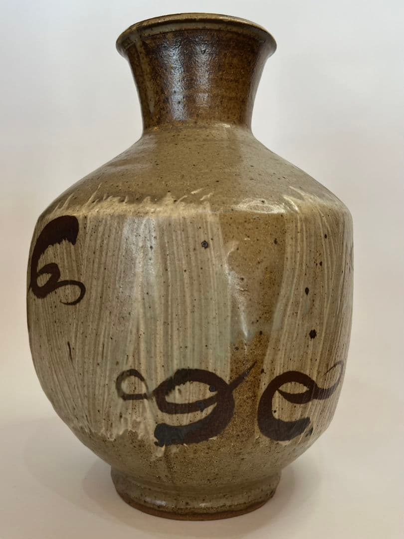 人間国宝・島岡達三作　鉄絵刷毛目面取扁壺　特大35cm 本物保証