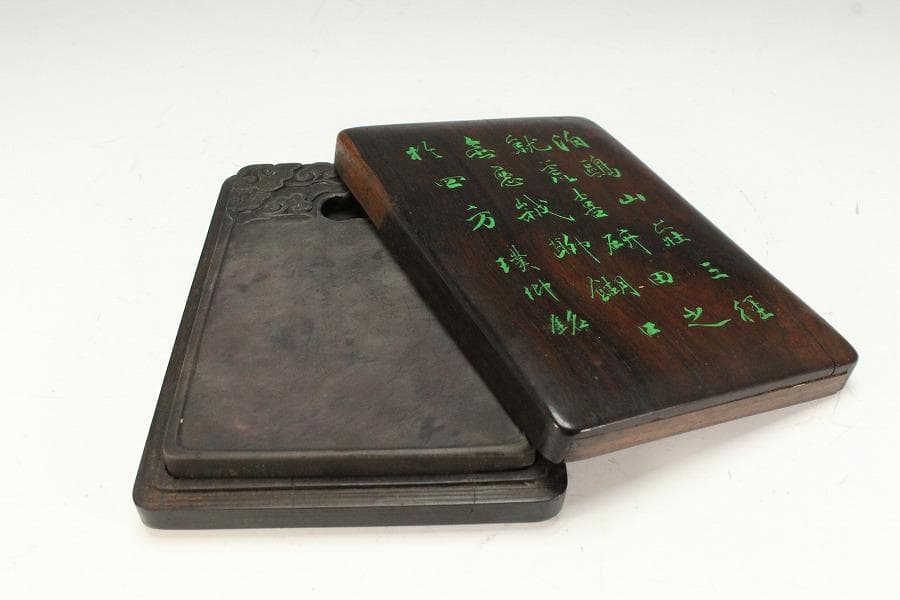 中国美術 端渓 刻霊芝 紫檀 題詞 箱 文房四宝(K-XA666)