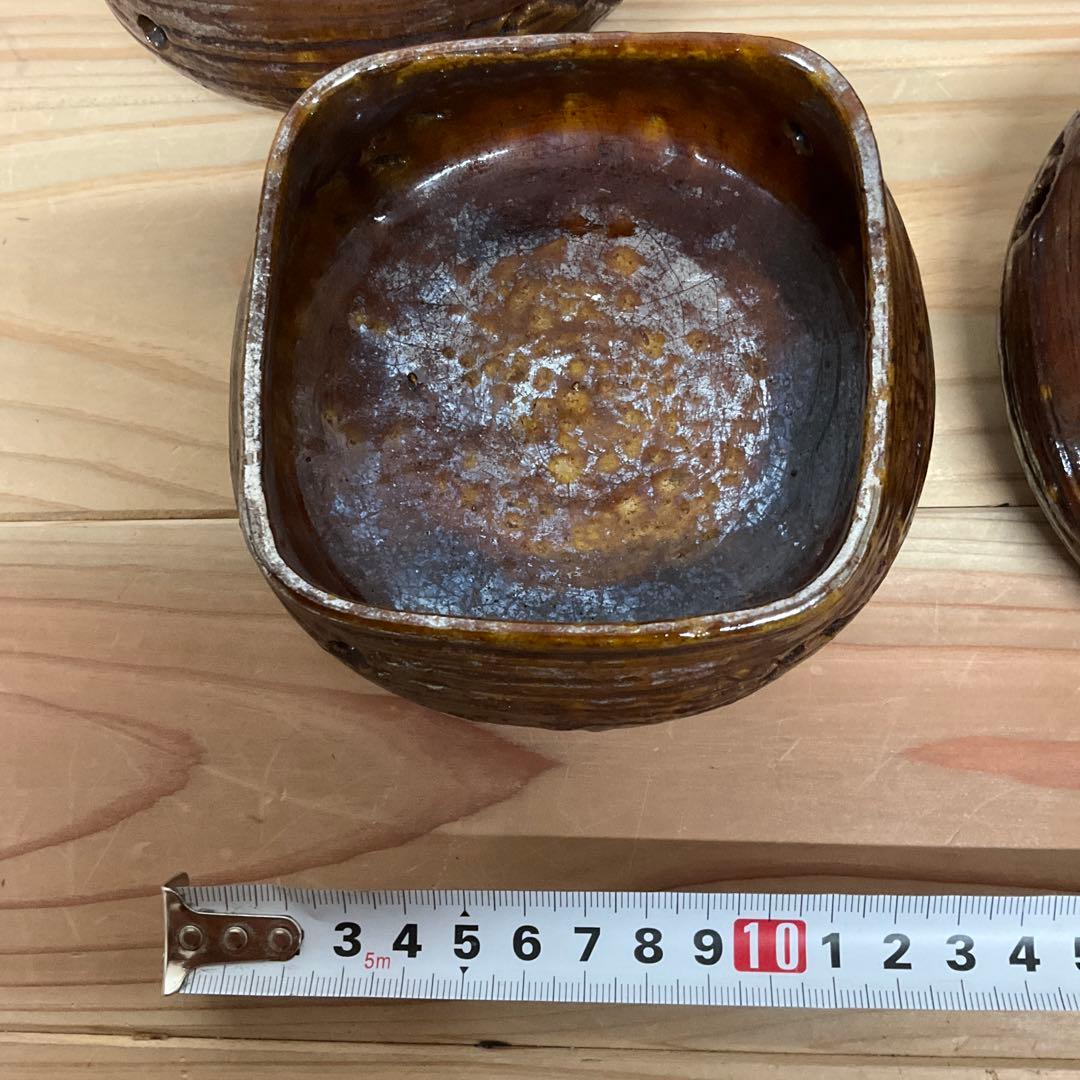 6代大樋長左衛　飴釉四方七宝透かし向付　5客揃え