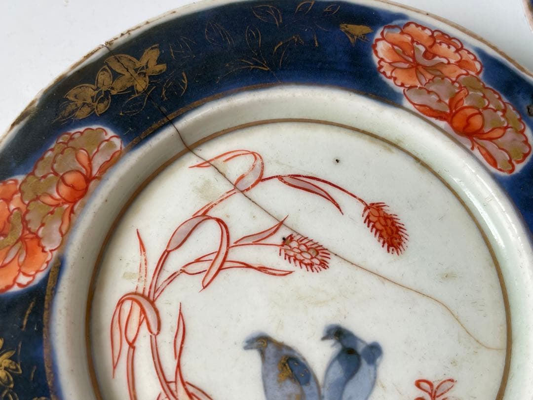 アンティーク　骨董　古伊万里　金継ぎ用　輸出伊万里　金襴手　小皿2枚　粟鶉図