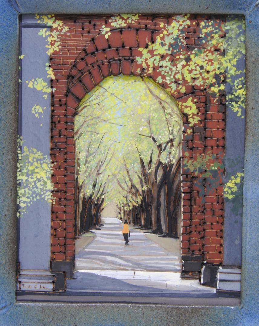 加藤六郎 陶器額 焼絵 「 ハイデルベルグの並木道 」 ドイツ 風景画 絵画