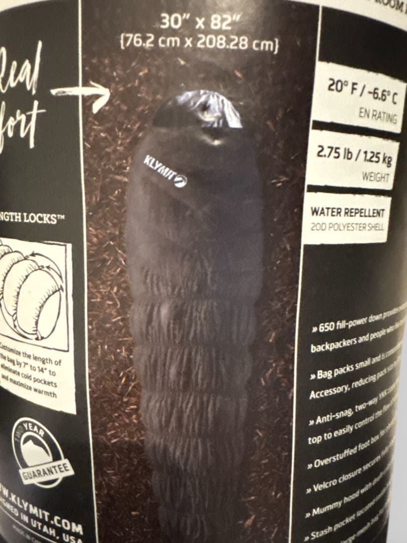 KLYMIT KSB20ダウン寝袋 ストレッチ機能 軽量シュラフ防水 3シーズン