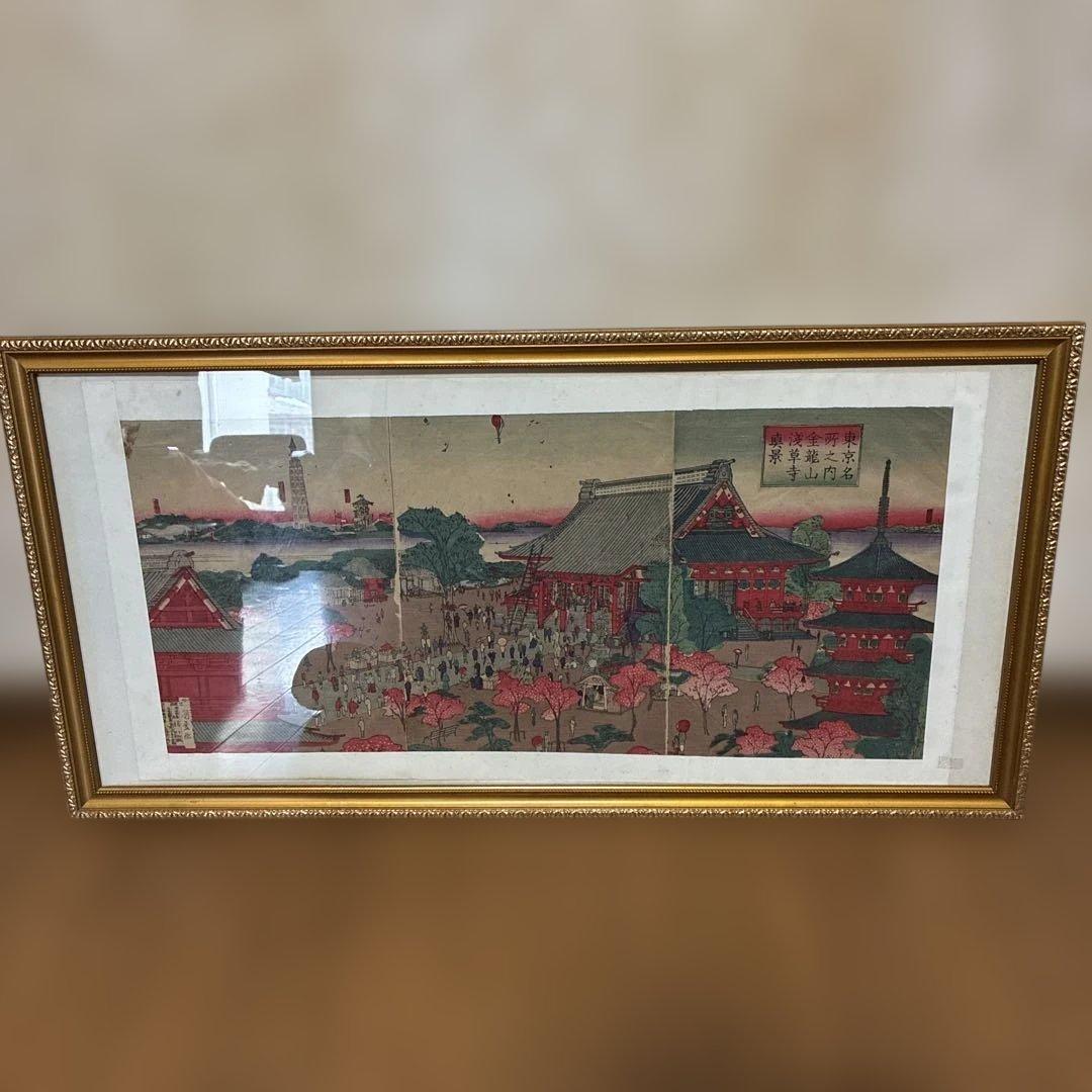【錦絵・三枚続】明治時代 浮世絵 浅草金龍山寺