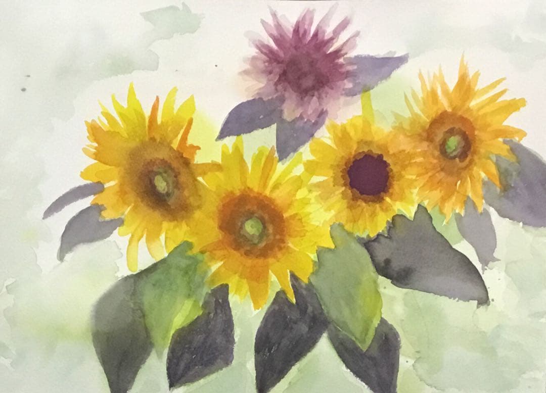 透明水彩画　原画　F4　「ひまわり」　フレーム付