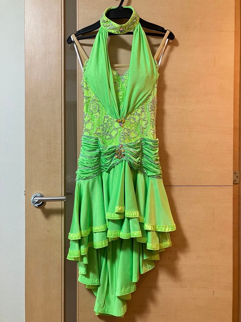 社交ダンス 白樺 ラテンドレス 黄緑 蛍光 M