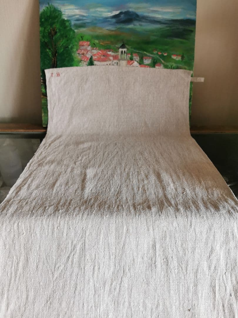 アンティークフランス ラスティック ホームスパンリネン イニシャル赤糸刺繍クロス