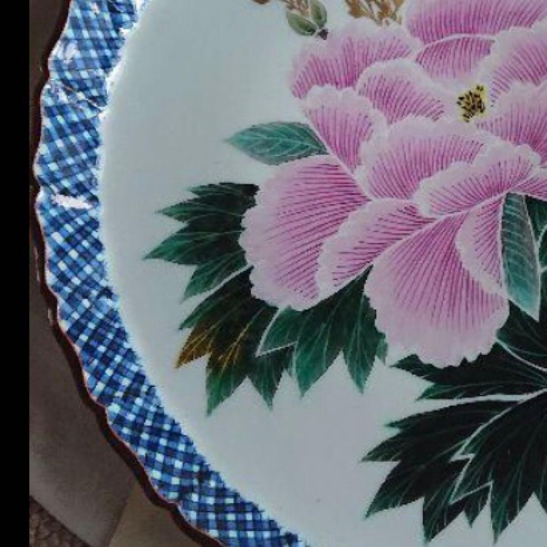 九谷焼 色絵 牡丹図 飾皿 武腰泰山氏共箱入