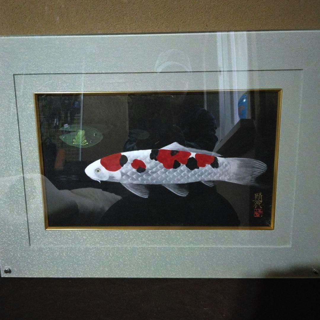 五十嵐 晴徳　日本画 鯉の絵　額・箱付き