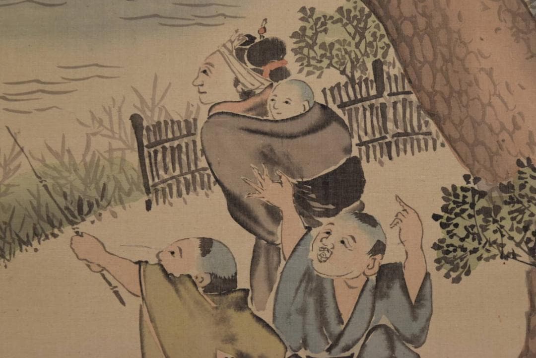 【真作】矢野南景/宍道湖風景図/魚売の図/山水人物図/掛軸/名家伝来AA-911