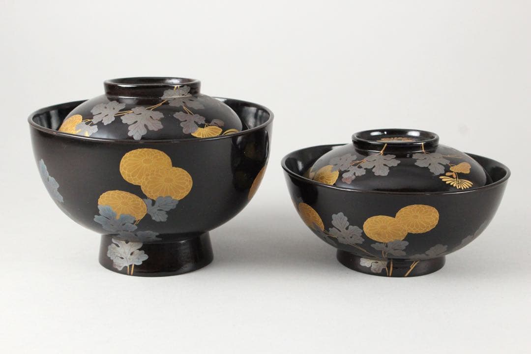 No5543 黒漆菊花金銀蒔絵　お櫃　杓子　椀　5点セット　送料無料