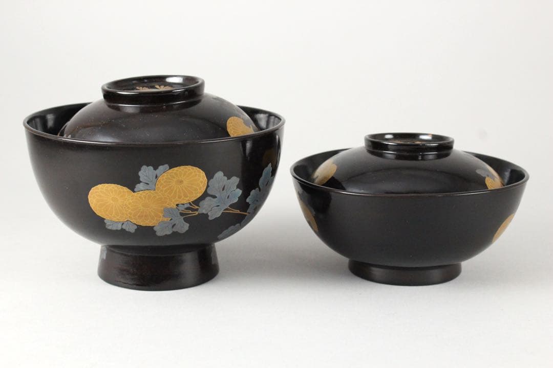 No5543 黒漆菊花金銀蒔絵　お櫃　杓子　椀　5点セット　送料無料