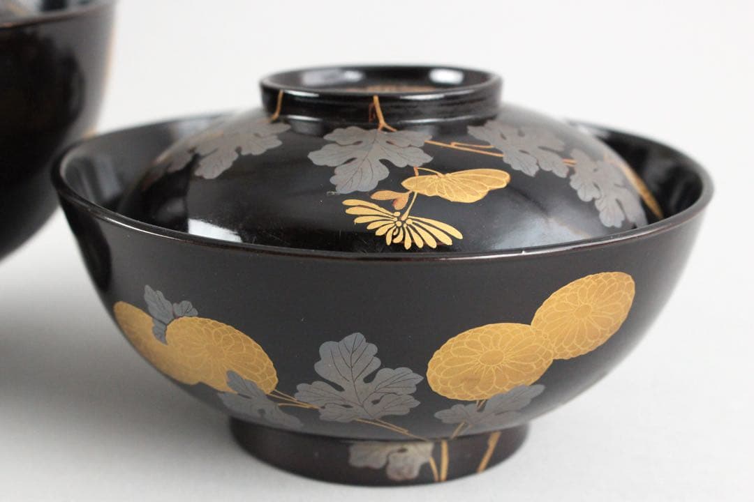 No5543 黒漆菊花金銀蒔絵　お櫃　杓子　椀　5点セット　送料無料