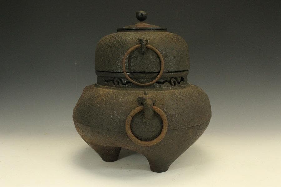 茶道具 鬼面風炉釜 平丸釜 環付 706