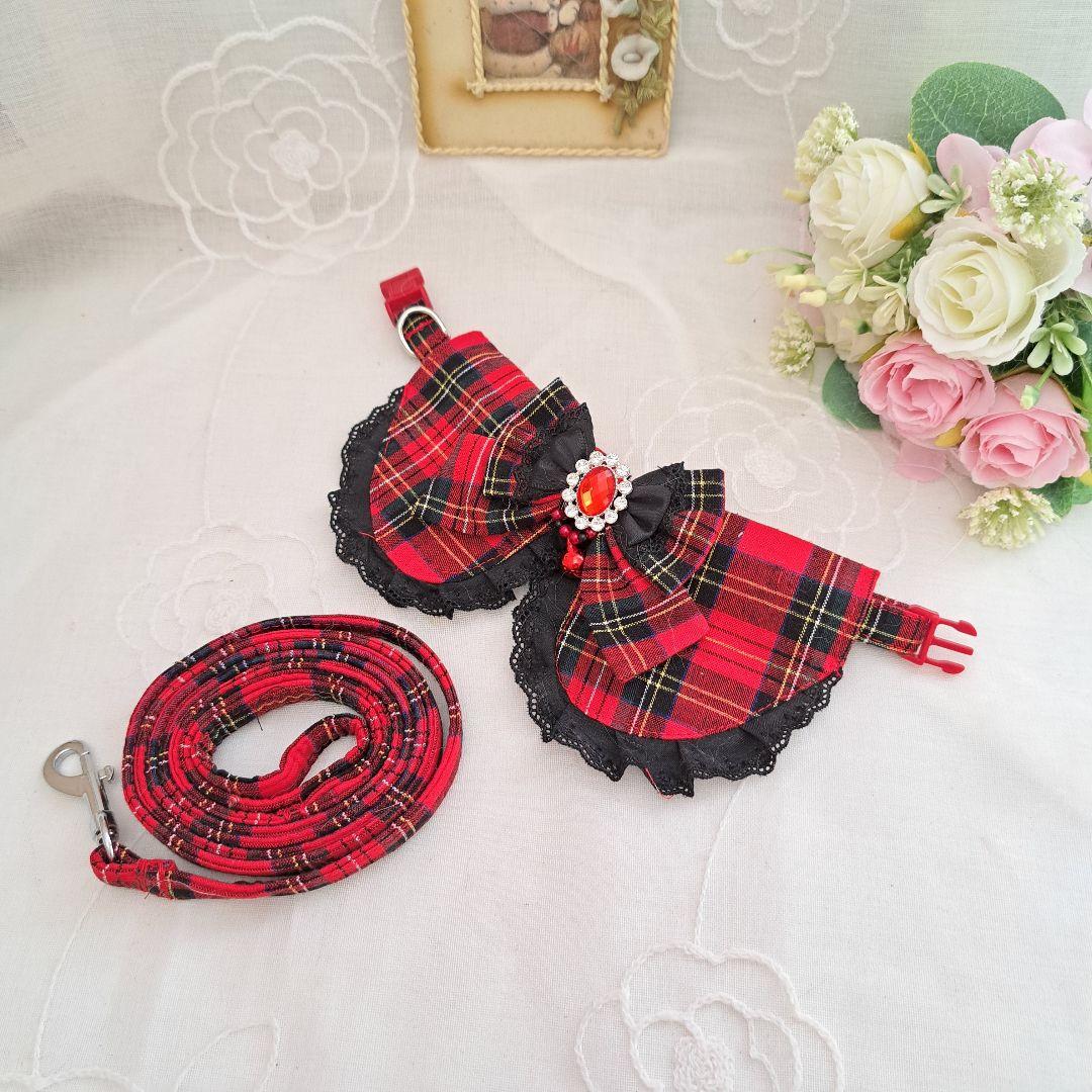 襟付きハーネス(赤チェック)&リードセット、わんちゃん猫ちゃん用