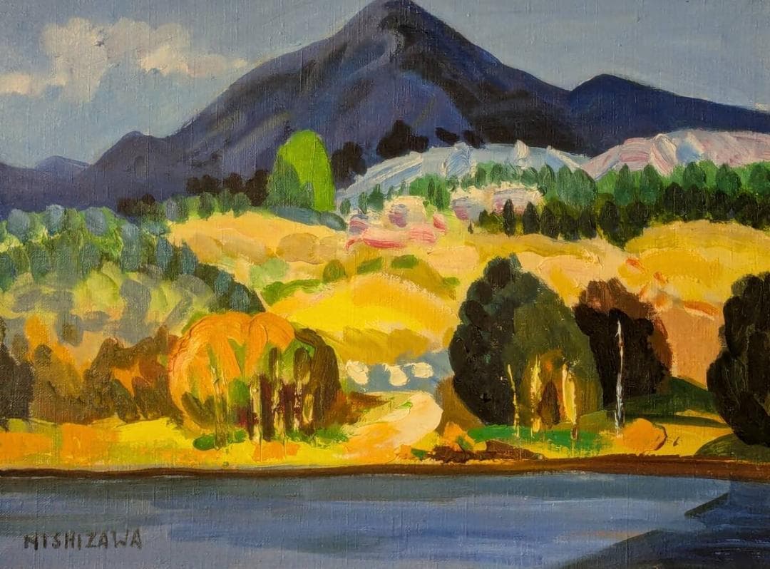 【真作】絵画　西澤栄一　油彩6号　千曲川　色彩豊かな風景　自然の息吹　U44