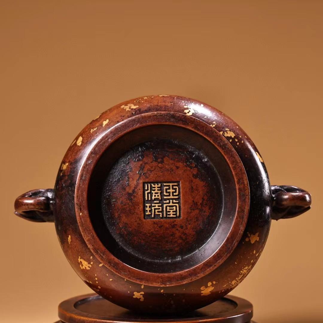 中国古美術・旧蔵鏨刻鍍金の熏香炉・純赤銅・純手作り・高浮彫・置物・茶道具・文房具