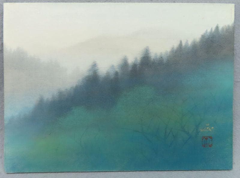 日本画　　河本正　『雨余』２号相当　共シール　【師：川端龍子　雨後】