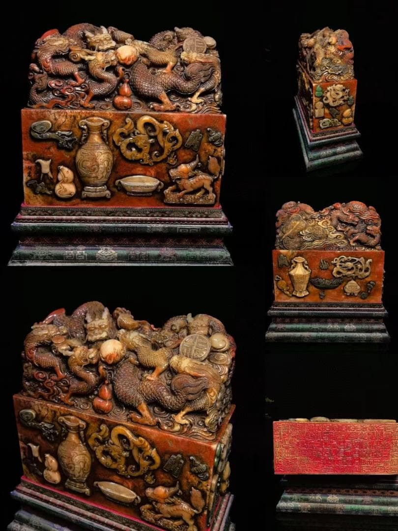 中国古美術・九龍が珠を戯れる・寿山石極品五彩田黄の印鑑・文房具・賞物・風水開運