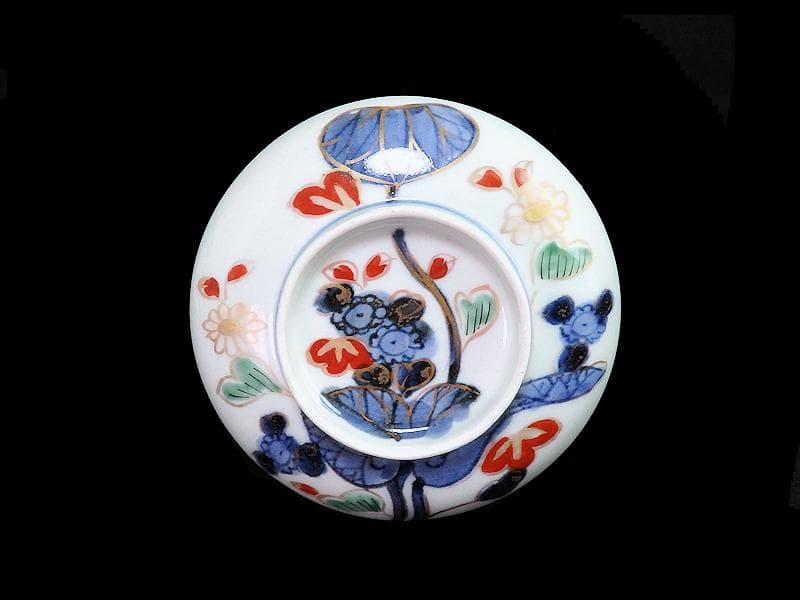 古伊万里　染錦　河骨紋の図　広東型　蓋茶碗　５客　C859AS-CEw