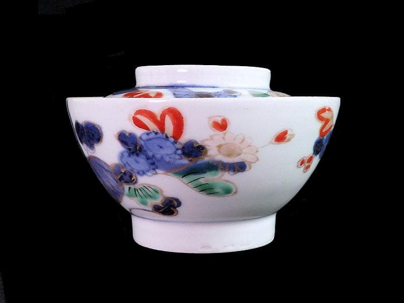 古伊万里　染錦　河骨紋の図　広東型　蓋茶碗　５客　C859AS-CEw