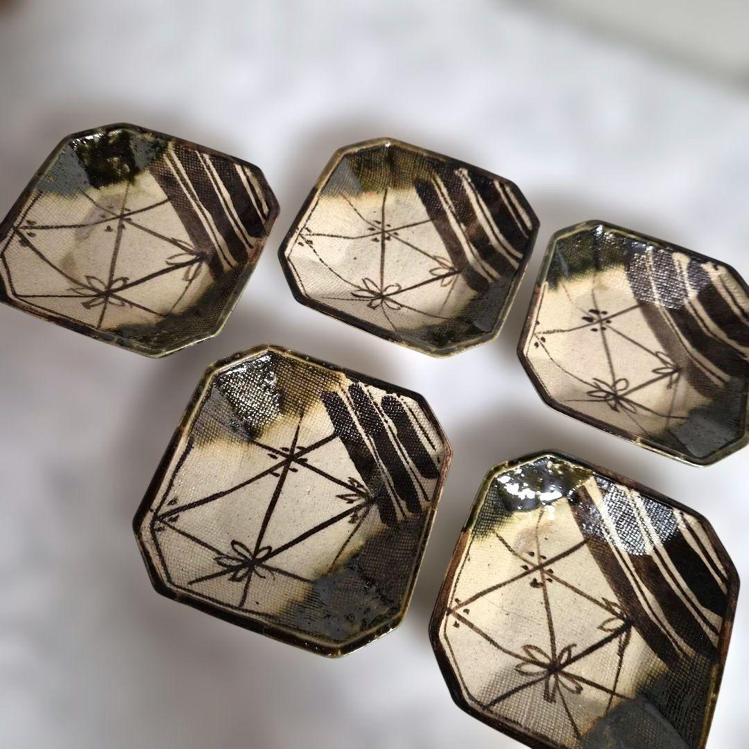 【加藤春二】葵窯『織部』五客小皿 未使用　共箱