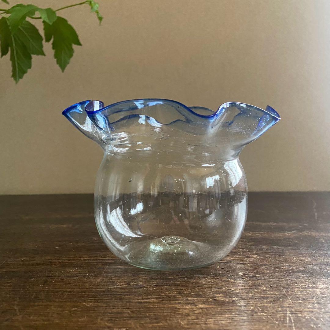 大正ガラス　金魚鉢　古い硝子　アンティーク　吹きガラス　レトロ　めだか