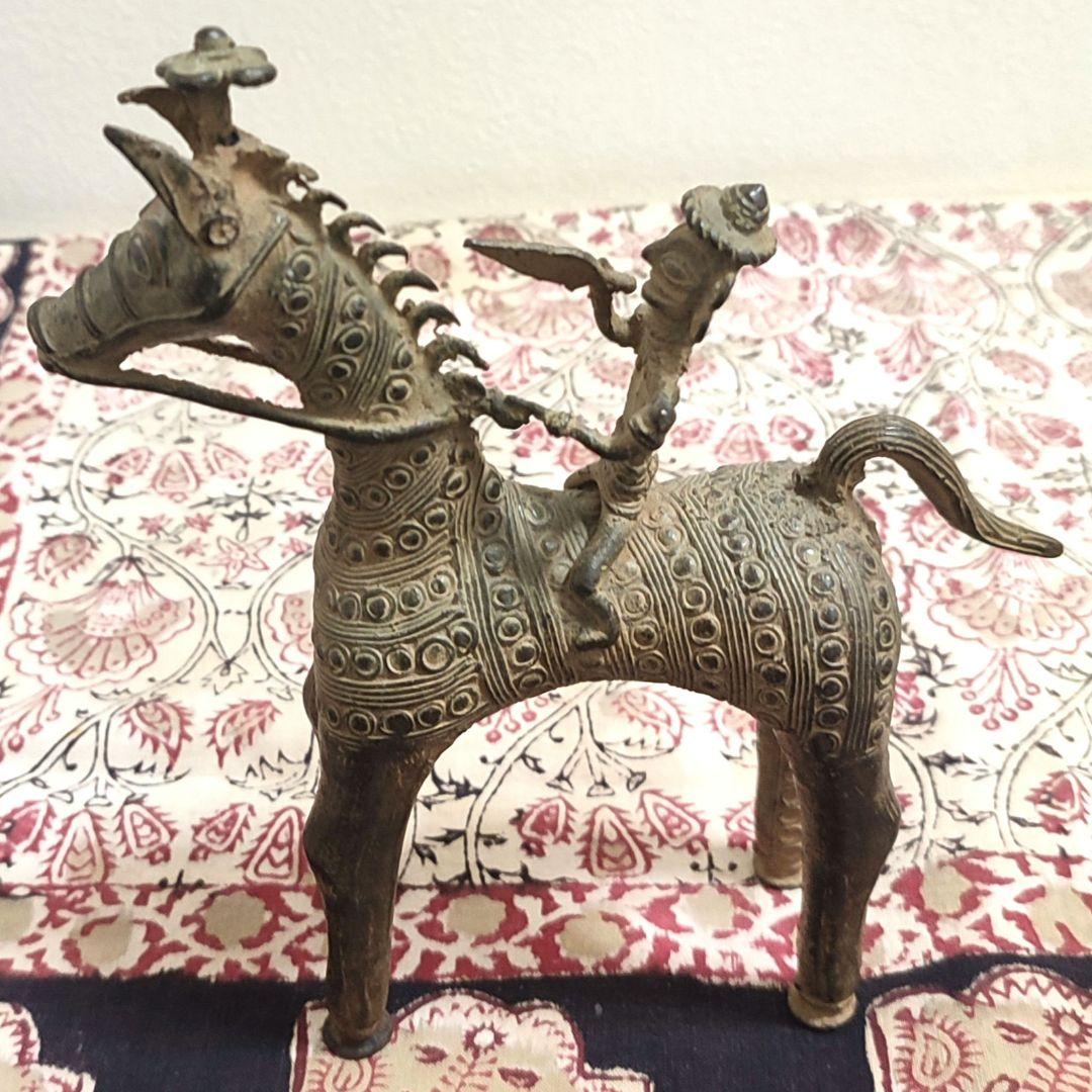 【アンティーク】インドの鋳造工芸品✨馬に乗る兵士のブロンズ像