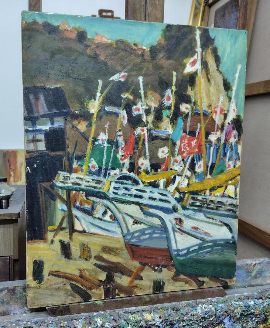 「正月の漁村」'68 F12 油絵 絵画 油彩画 日本 日の丸 国旗