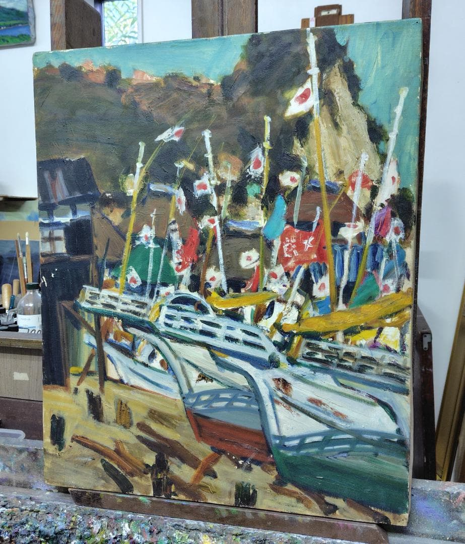 「正月の漁村」'68 F12 油絵 絵画 油彩画 日本 日の丸 国旗