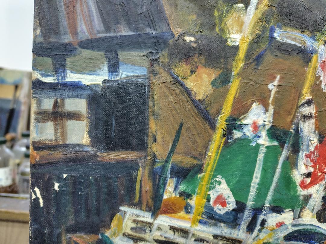 「正月の漁村」'68 F12 油絵 絵画 油彩画 日本 日の丸 国旗