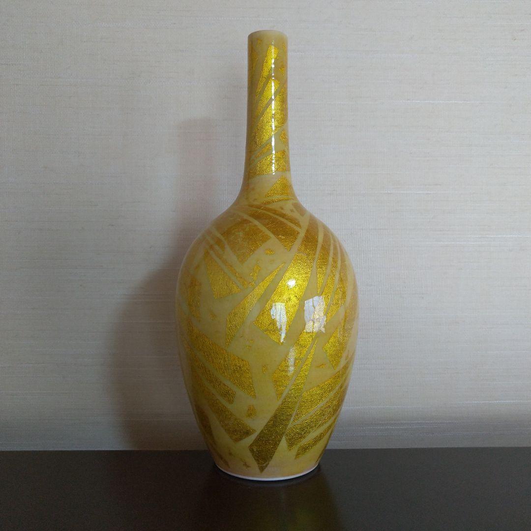 小野珀子　高さ約28.5cm　釉裏金彩花立　桐共箱