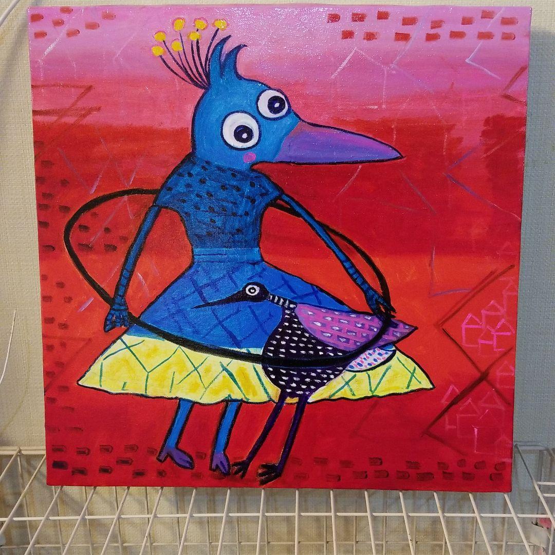 油絵　専用　何度もフラフープに入る鳥