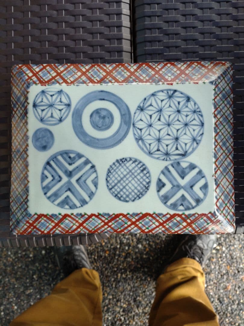 阿部眞士造染付丸文長方面取陶筥　共箱　新品?未使用?