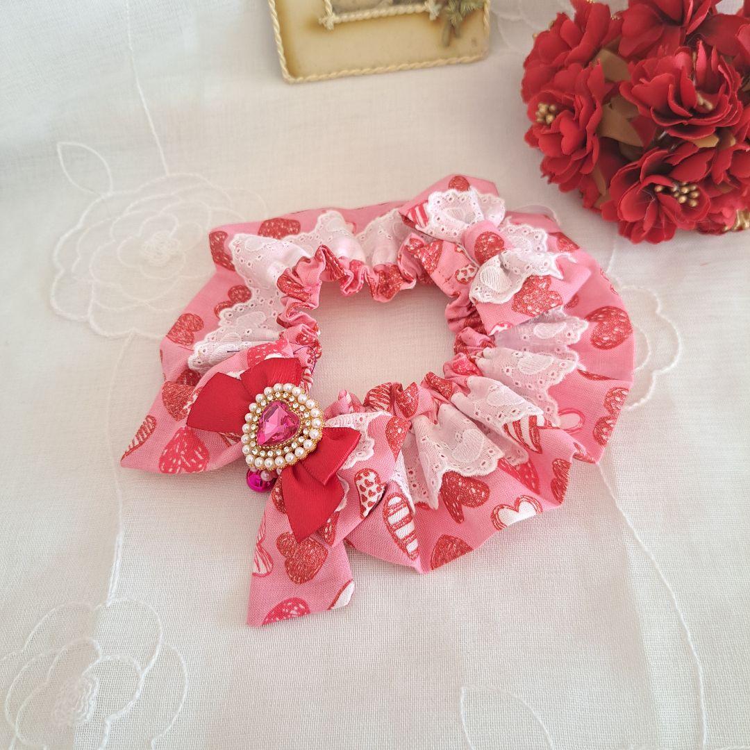 幅広シュシュ、バレンタインハート(ピンク)わんちゃん猫ちゃん用