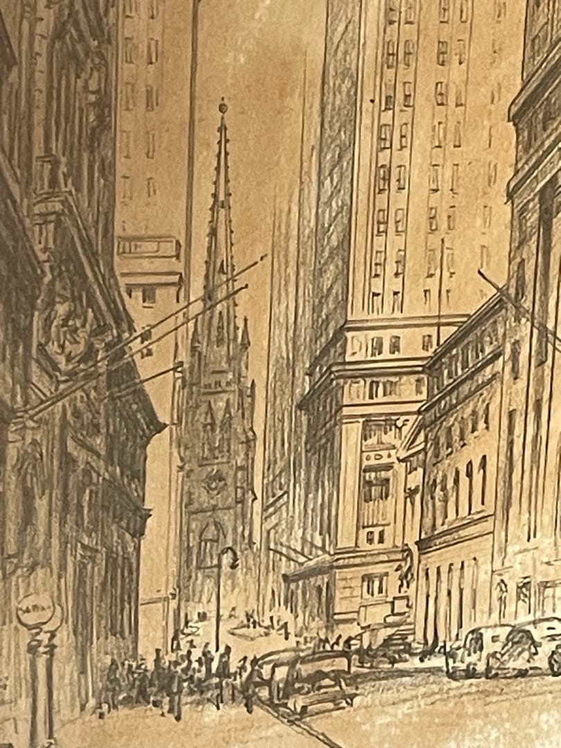 茶*様 50s ビンテージ額装ウォール街NY手書きアート 鉛筆画 作家物ブロカン