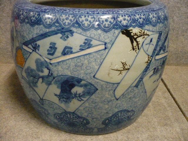 伊万里染付冊子に風景図火鉢 [B31582]