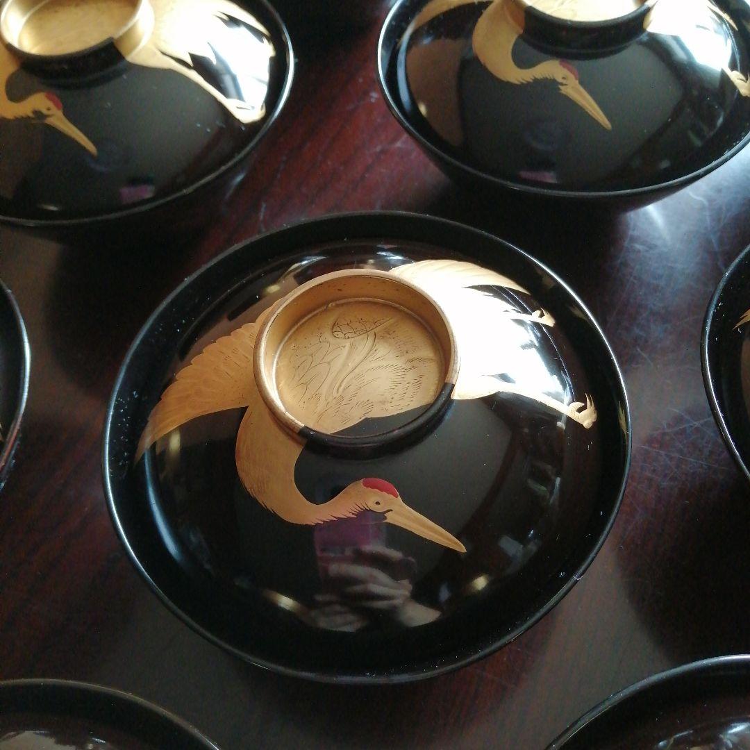 木製漆器　金彩鶴画蓋付椀　9客　12.7cm　大正期　【椀中ヤケあり】