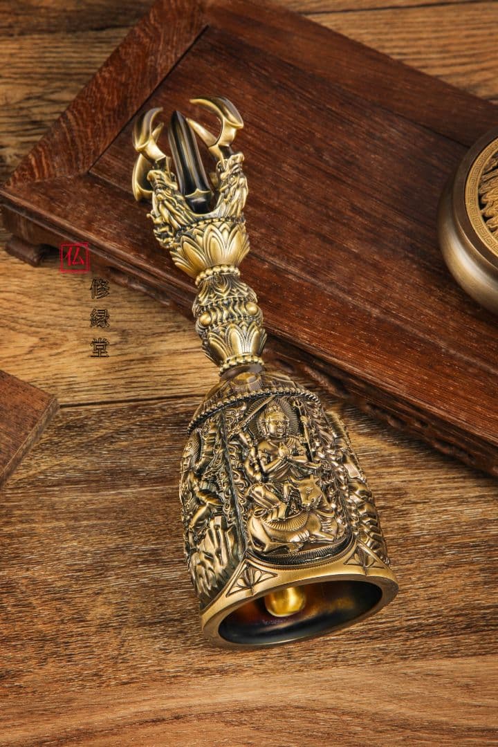 【修縁堂】密教法具 ブロンズ色 五大明王金剛鈴 真鍮製 仏教法具