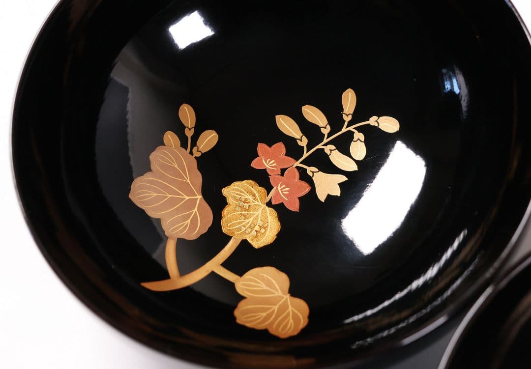 【CM400】天然木漆塗 菊桐鳳凰金蒔絵 黒塗 吸物椀 二客 昭和期 木製漆器