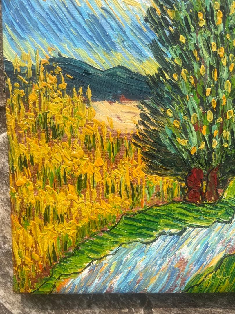 油絵　ゴッホ　《夜のプロヴァンスの田舎道（糸杉と星の見える道）》額なし　木枠のみ