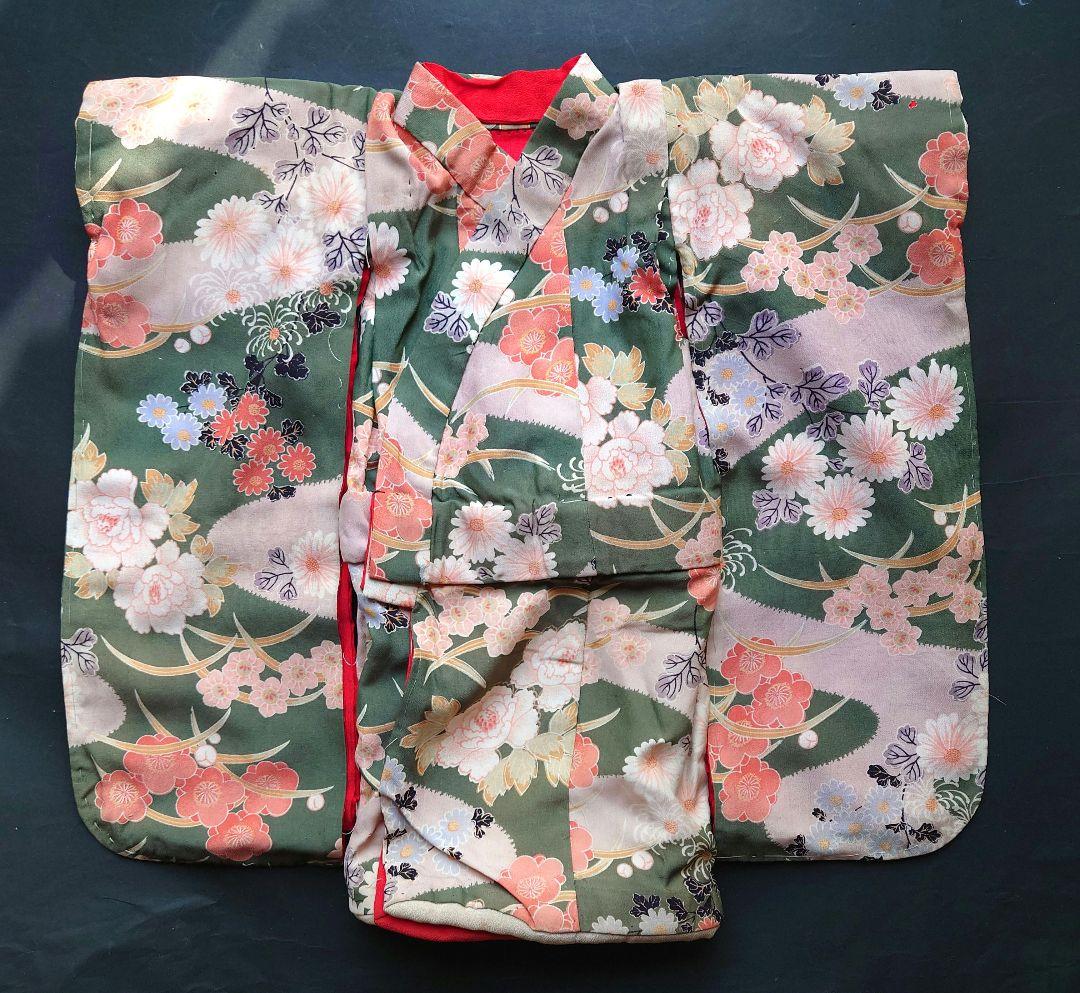 市松人形の着物　薄手の縮緬　振り袖　古布　袷　比翼付き　15号52cm用　帯付き
