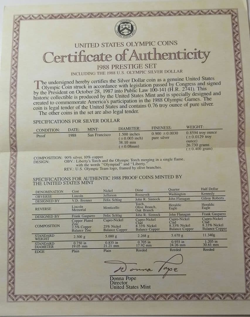 1988年アメリカプルーフ貨幣セット。