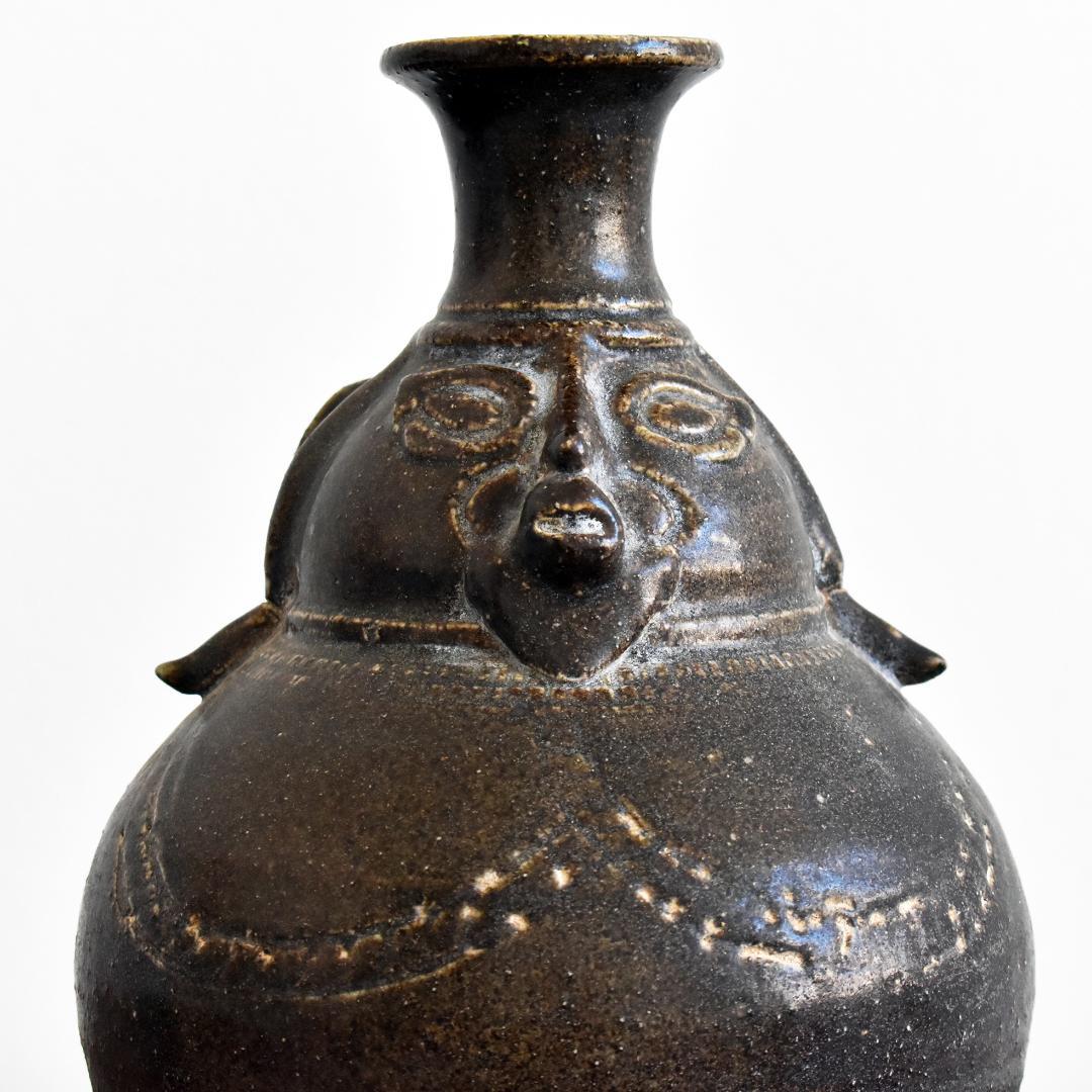 クメール カンボジア ポストアンコール 黒褐釉人面壺 /壷 古陶器 古道具